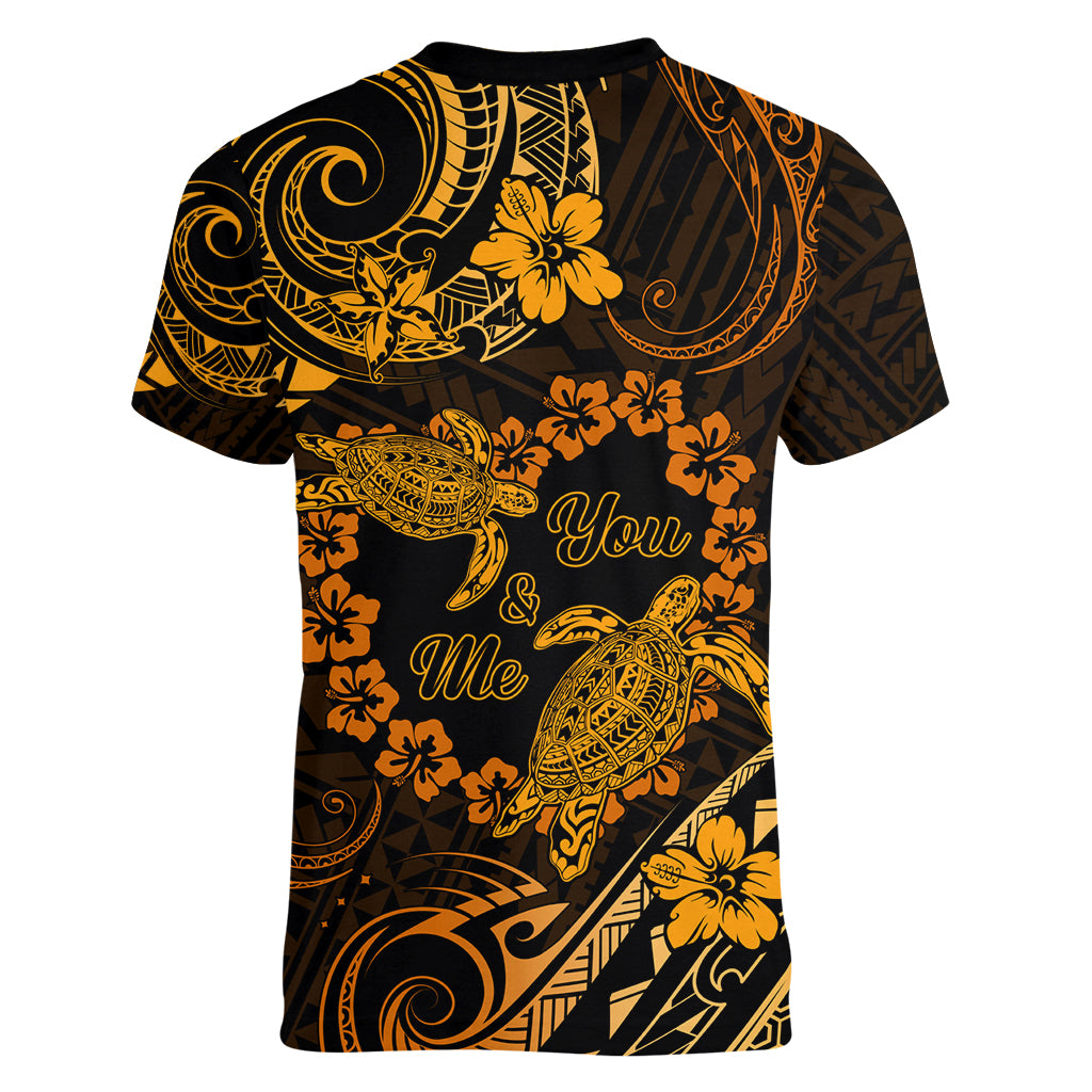 Polynesian Turtle Valentine Women V Neck T Shirt You And Me Gold Hibiscus Heart LT01 - Polynesian Pride