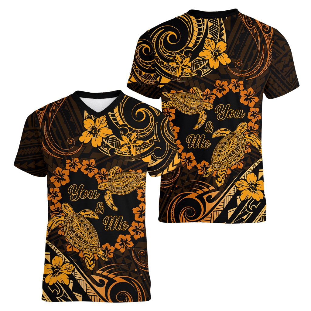 Polynesian Turtle Valentine Women V Neck T Shirt You And Me Gold Hibiscus Heart LT01 - Polynesian Pride