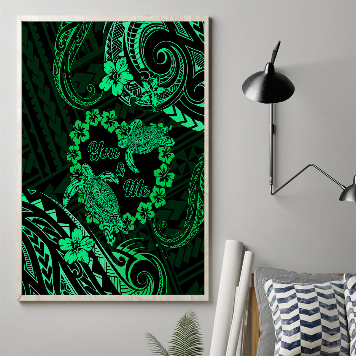 Polynesian Turtle Valentine Canvas Wall Art You And Me Green Hibiscus Heart LT01 - Polynesian Pride
