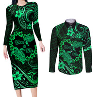 Polynesian Turtle Valentine Couples Matching Long Sleeve Bodycon Dress and Long Sleeve Button Shirt You And Me Green Hibiscus Heart LT01 Green - Polynesian Pride
