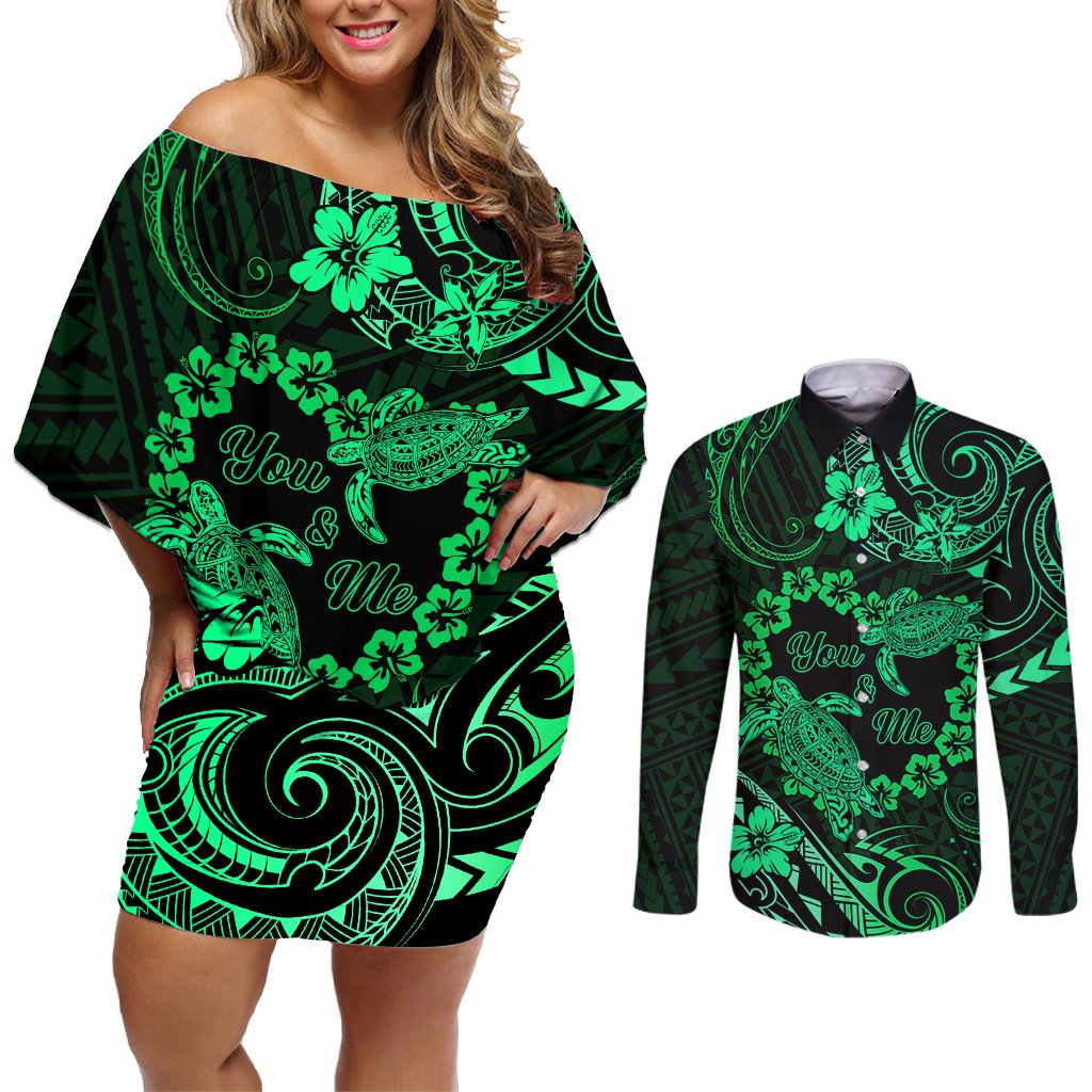 Polynesian Turtle Valentine Couples Matching Off Shoulder Short Dress and Long Sleeve Button Shirt You And Me Green Hibiscus Heart LT01 Green - Polynesian Pride