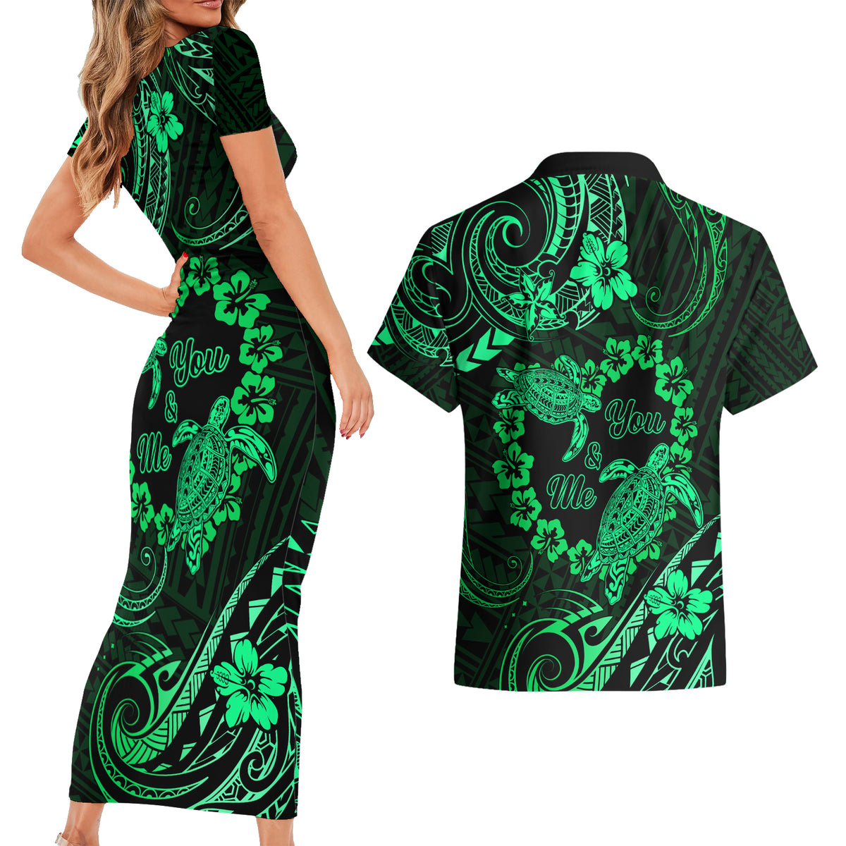 Polynesian Turtle Valentine Couples Matching Short Sleeve Bodycon Dress and Hawaiian Shirt You And Me Green Hibiscus Heart LT01 - Polynesian Pride