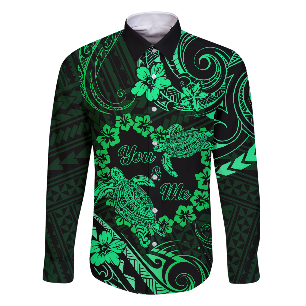 Polynesian Turtle Valentine Family Matching Long Sleeve Bodycon Dress and Hawaiian Shirt You And Me Green Hibiscus Heart LT01 Dad's Shirt - Long Sleeve Green - Polynesian Pride