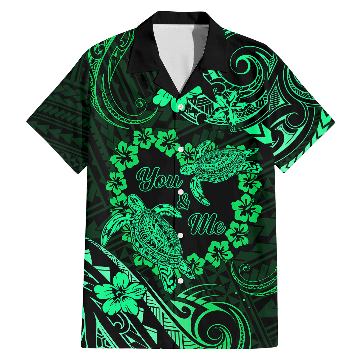 Polynesian Turtle Valentine Family Matching Mermaid Dress and Hawaiian Shirt You And Me Green Hibiscus Heart LT01 Dad's Shirt - Short Sleeve Green - Polynesian Pride