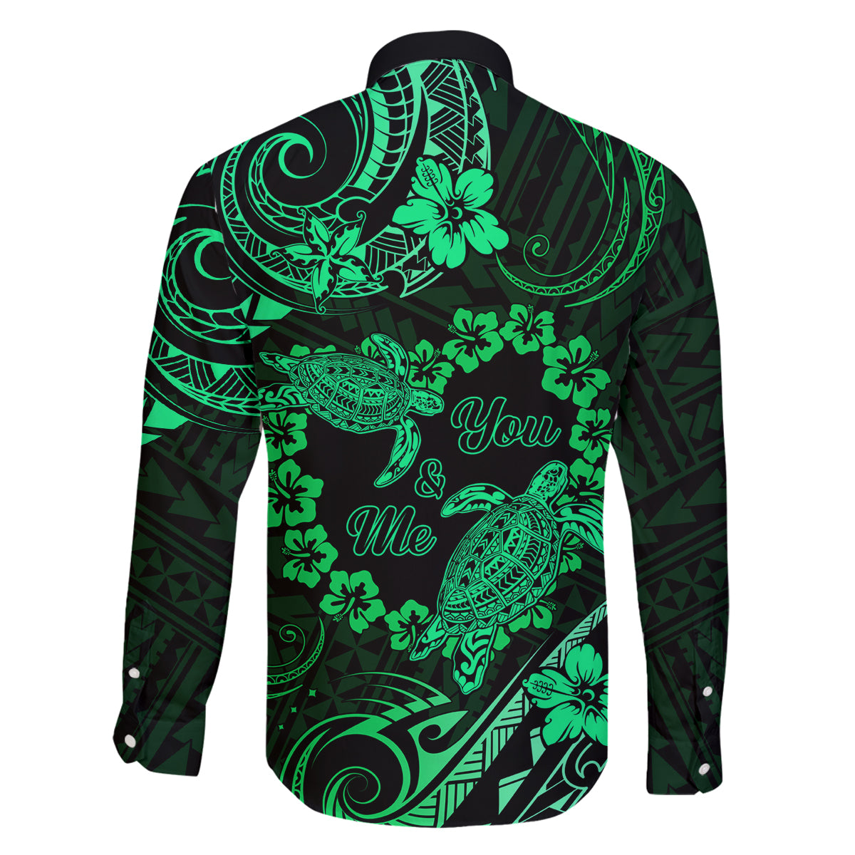 Polynesian Turtle Valentine Family Matching Off Shoulder Maxi Dress and Hawaiian Shirt You And Me Green Hibiscus Heart LT01 - Polynesian Pride