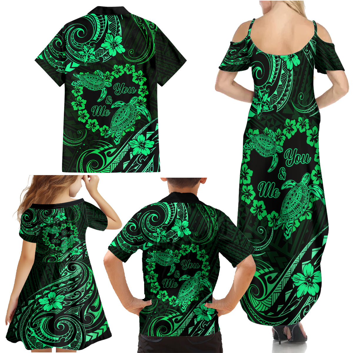 Polynesian Turtle Valentine Family Matching Summer Maxi Dress and Hawaiian Shirt You And Me Green Hibiscus Heart LT01 - Polynesian Pride