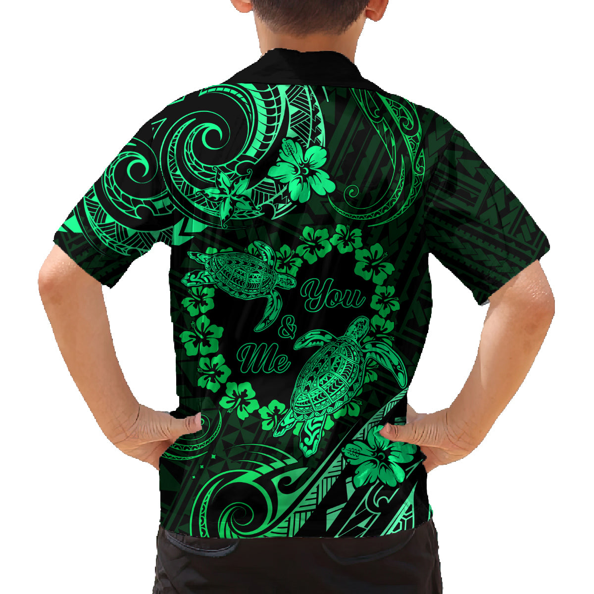 Polynesian Turtle Valentine Family Matching Tank Maxi Dress and Hawaiian Shirt You And Me Green Hibiscus Heart LT01 - Polynesian Pride