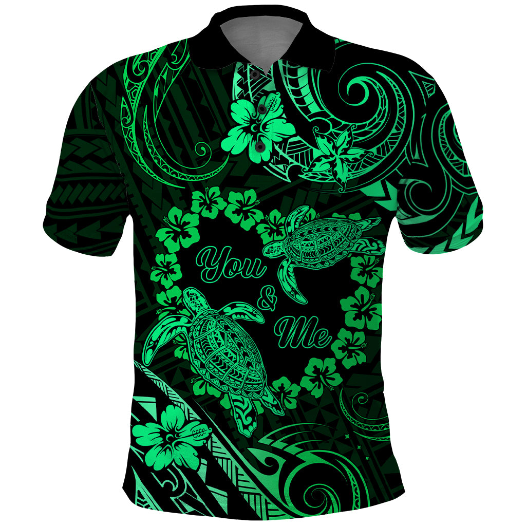 Polynesian Turtle Valentine Polo Shirt You And Me Green Hibiscus Heart LT01 Green - Polynesian Pride