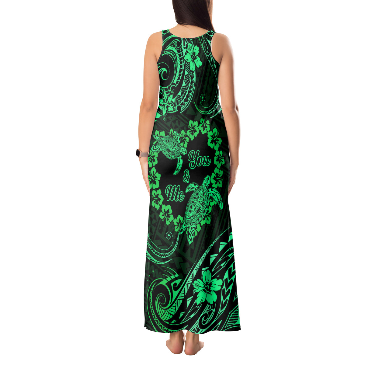 Polynesian Turtle Valentine Tank Maxi Dress You And Me Green Hibiscus Heart LT01 - Polynesian Pride