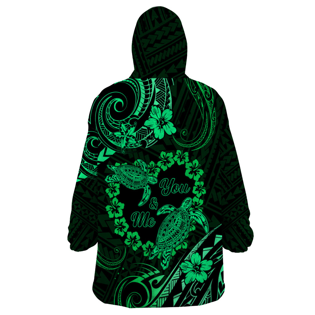 Polynesian Turtle Valentine Wearable Blanket Hoodie You And Me Green Hibiscus Heart LT01 - Polynesian Pride