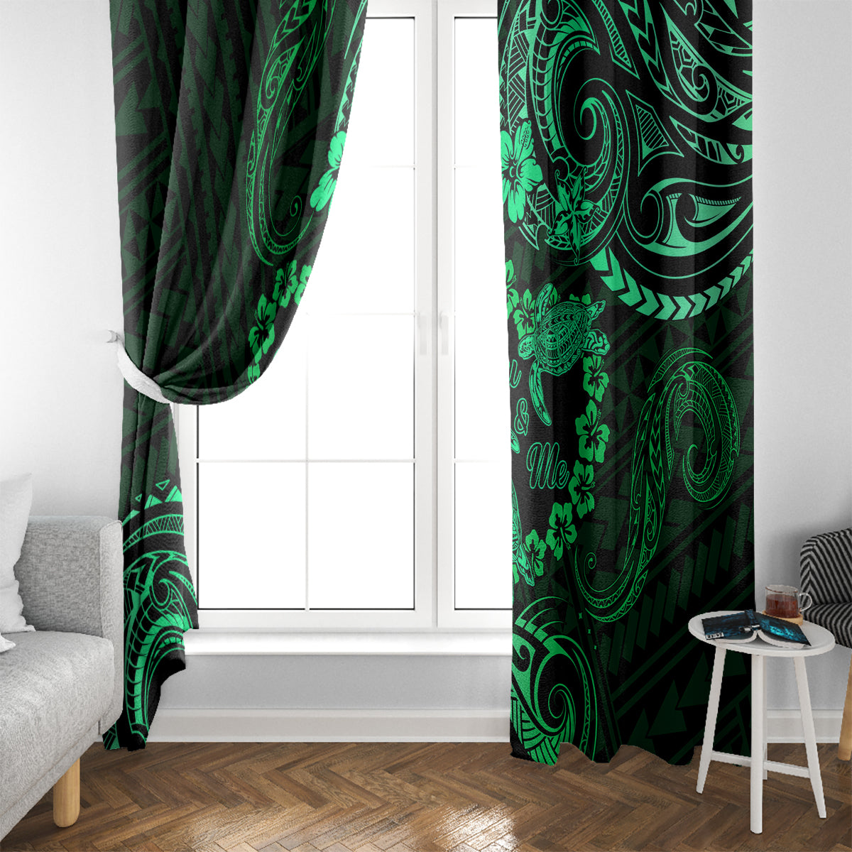 Polynesian Turtle Valentine Window Curtain You And Me Green Hibiscus Heart LT01 - Polynesian Pride