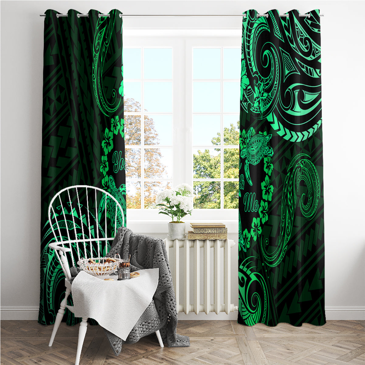 Polynesian Turtle Valentine Window Curtain You And Me Green Hibiscus Heart LT01 - Polynesian Pride