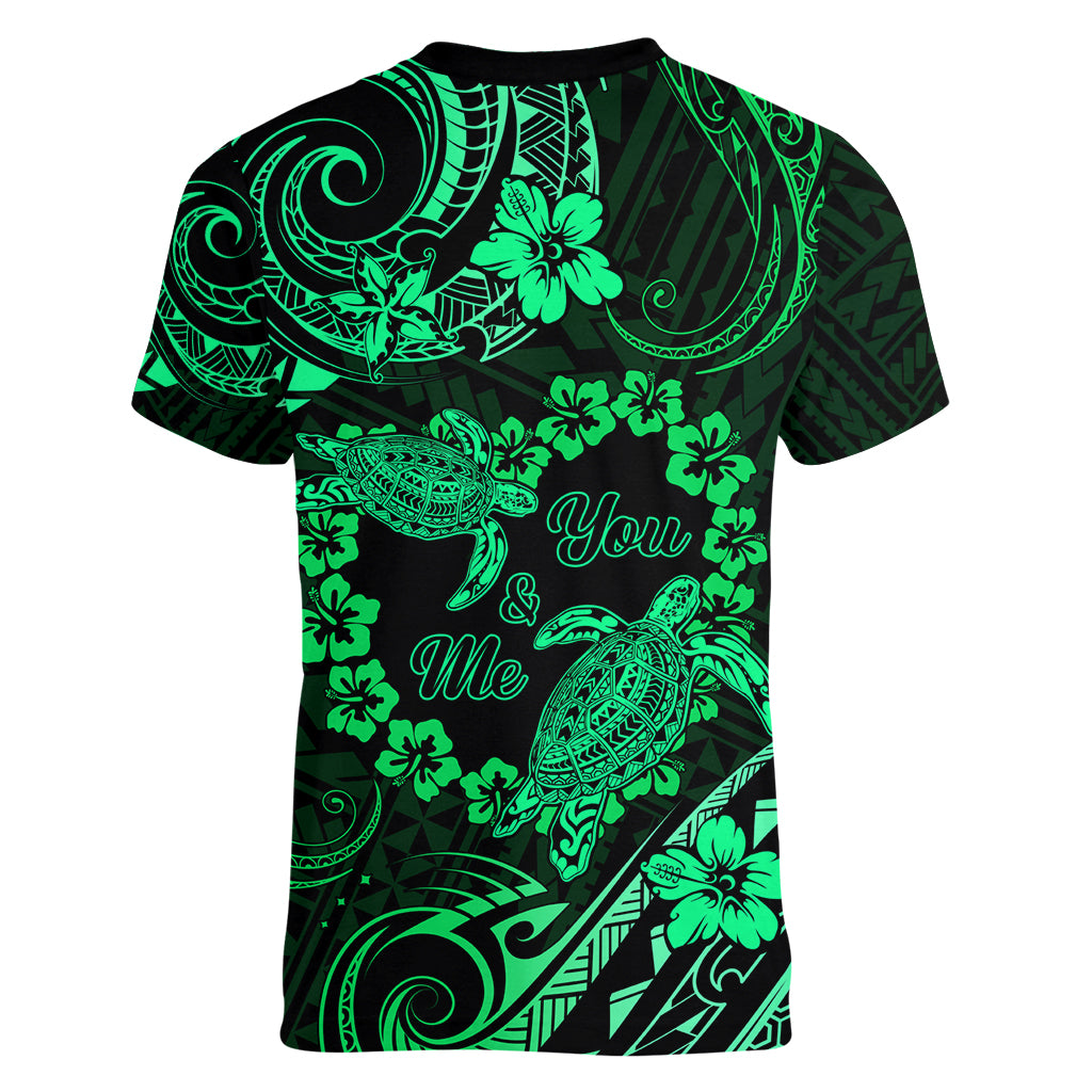 Polynesian Turtle Valentine Women V Neck T Shirt You And Me Green Hibiscus Heart LT01 - Polynesian Pride