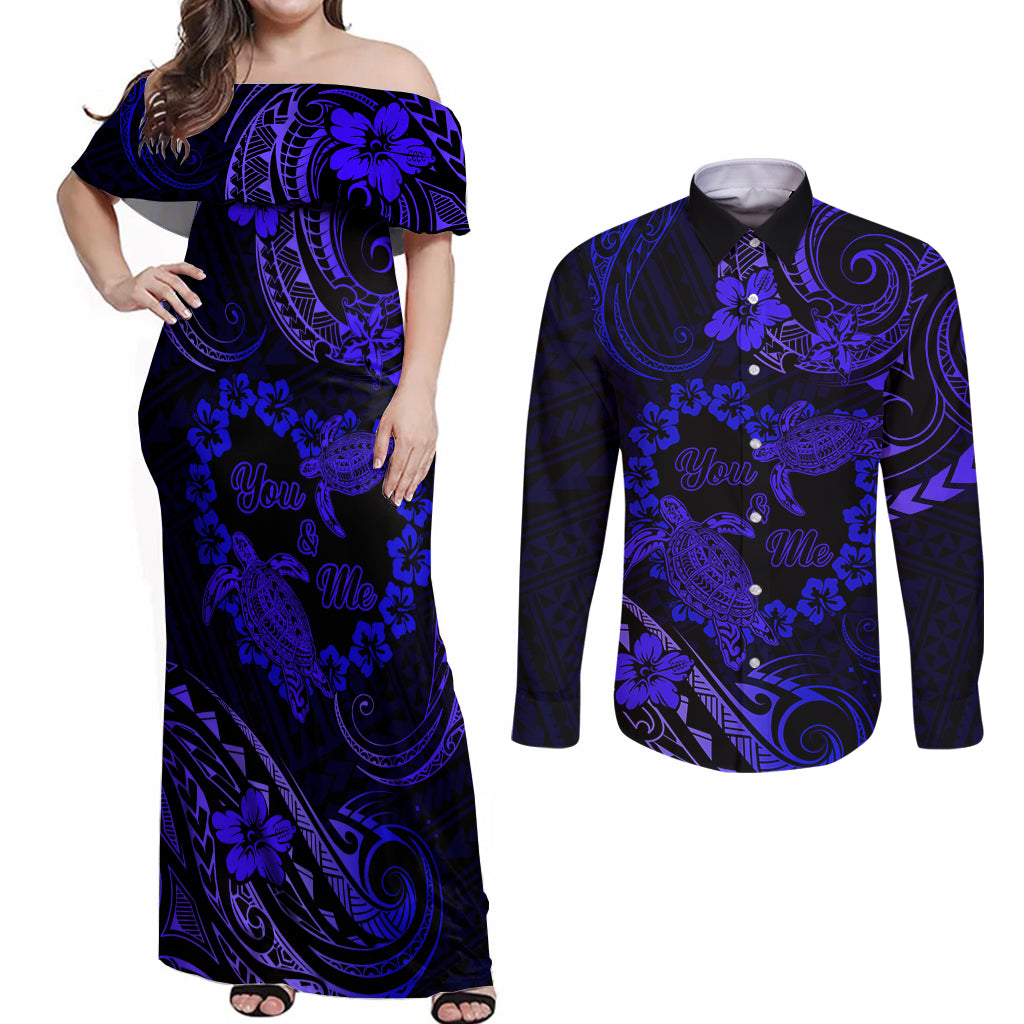 Polynesian Turtle Valentine Couples Matching Off Shoulder Maxi Dress and Long Sleeve Button Shirt You And Me Navy Blue Hibiscus Heart LT01 Blue - Polynesian Pride
