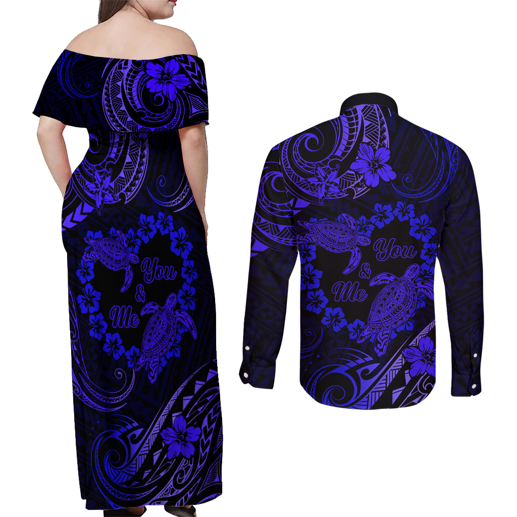 Polynesian Turtle Valentine Couples Matching Off Shoulder Maxi Dress and Long Sleeve Button Shirt You And Me Navy Blue Hibiscus Heart LT01 - Polynesian Pride