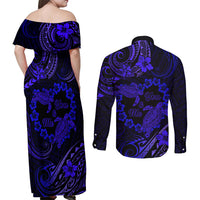 Polynesian Turtle Valentine Couples Matching Off Shoulder Maxi Dress and Long Sleeve Button Shirt You And Me Navy Blue Hibiscus Heart LT01 - Polynesian Pride