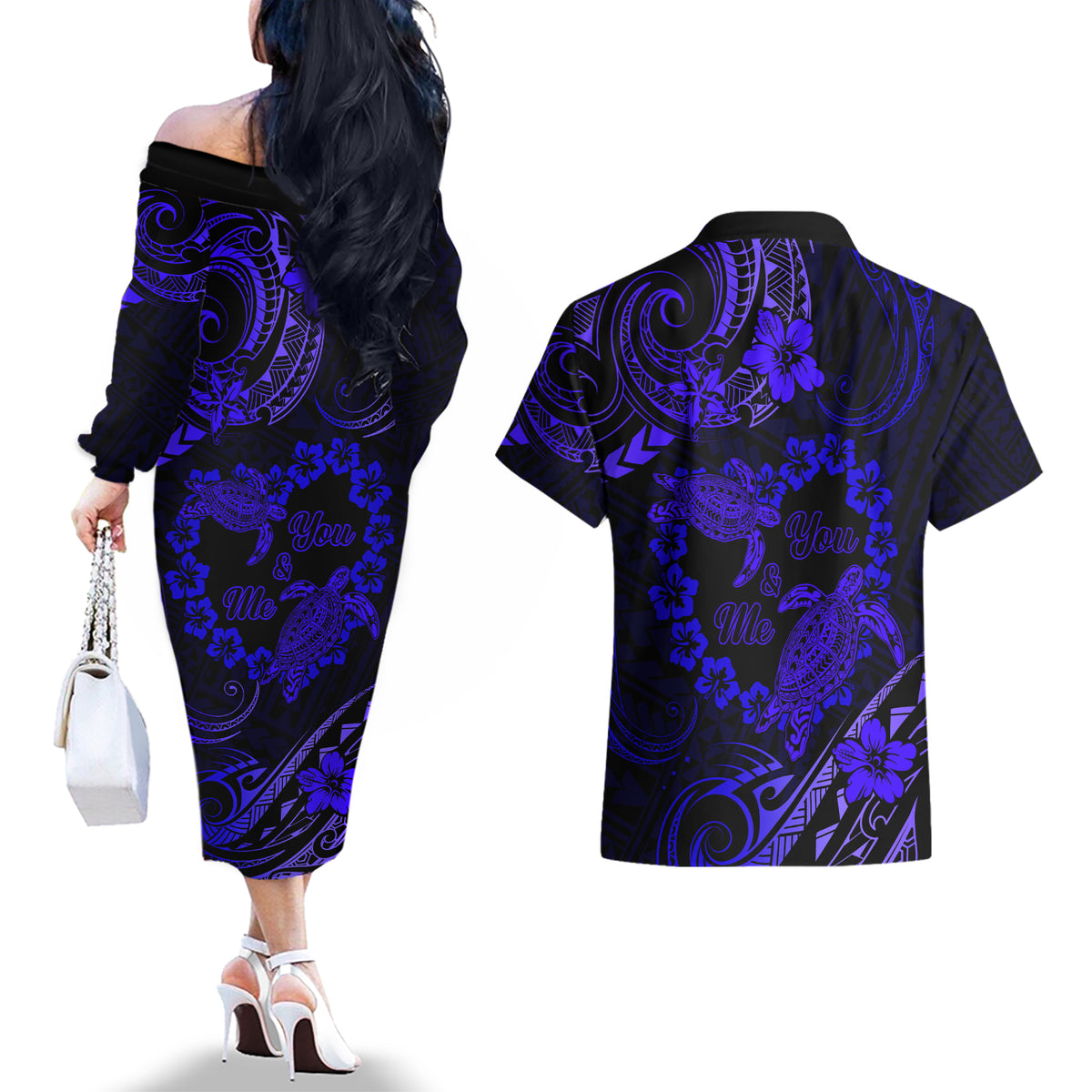 Polynesian Turtle Valentine Couples Matching Off The Shoulder Long Sleeve Dress and Hawaiian Shirt You And Me Navy Blue Hibiscus Heart LT01 - Polynesian Pride