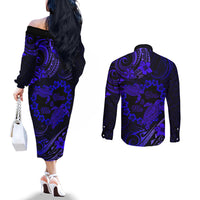 Polynesian Turtle Valentine Couples Matching Off The Shoulder Long Sleeve Dress and Long Sleeve Button Shirt You And Me Navy Blue Hibiscus Heart LT01 - Polynesian Pride