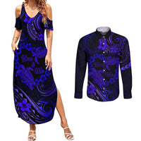 Polynesian Turtle Valentine Couples Matching Summer Maxi Dress and Long Sleeve Button Shirt You And Me Navy Blue Hibiscus Heart LT01 Blue - Polynesian Pride