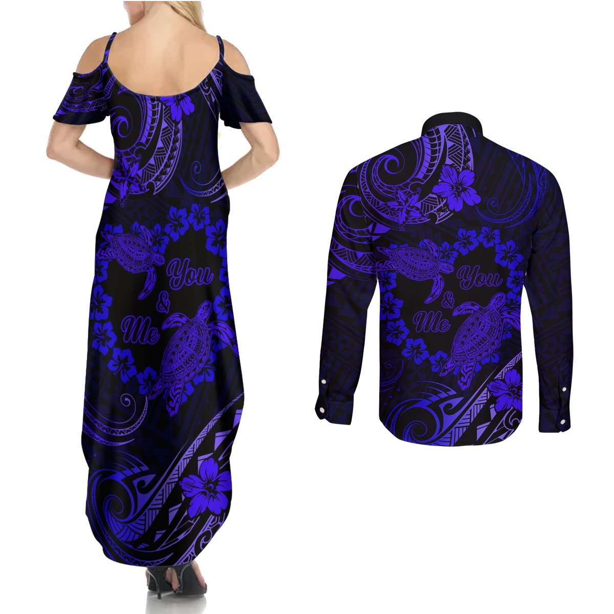 Polynesian Turtle Valentine Couples Matching Summer Maxi Dress and Long Sleeve Button Shirt You And Me Navy Blue Hibiscus Heart LT01 - Polynesian Pride
