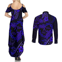 Polynesian Turtle Valentine Couples Matching Summer Maxi Dress and Long Sleeve Button Shirt You And Me Navy Blue Hibiscus Heart LT01 - Polynesian Pride