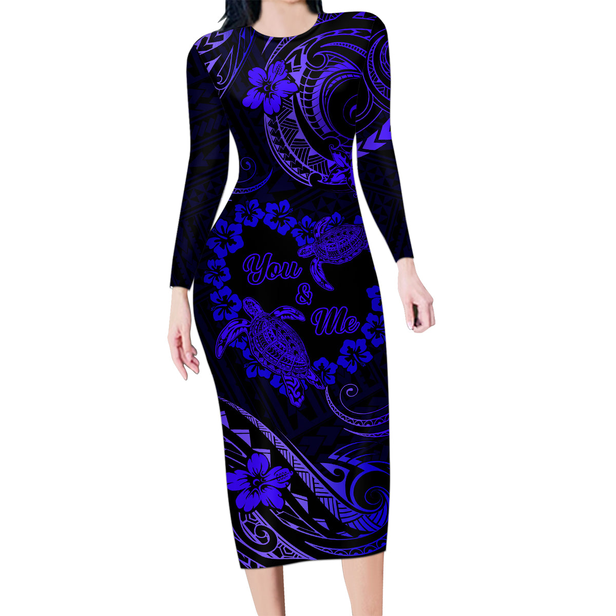 Polynesian Turtle Valentine Family Matching Long Sleeve Bodycon Dress and Hawaiian Shirt You And Me Navy Blue Hibiscus Heart LT01 Mom's Dress Blue - Polynesian Pride