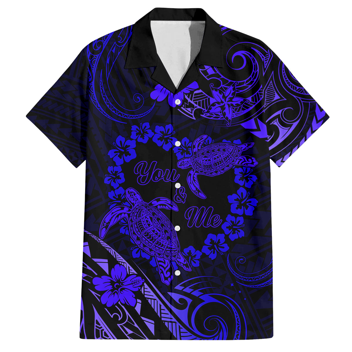Polynesian Turtle Valentine Family Matching Off Shoulder Long Sleeve Dress and Hawaiian Shirt You And Me Navy Blue Hibiscus Heart LT01 Dad's Shirt - Short Sleeve Blue - Polynesian Pride