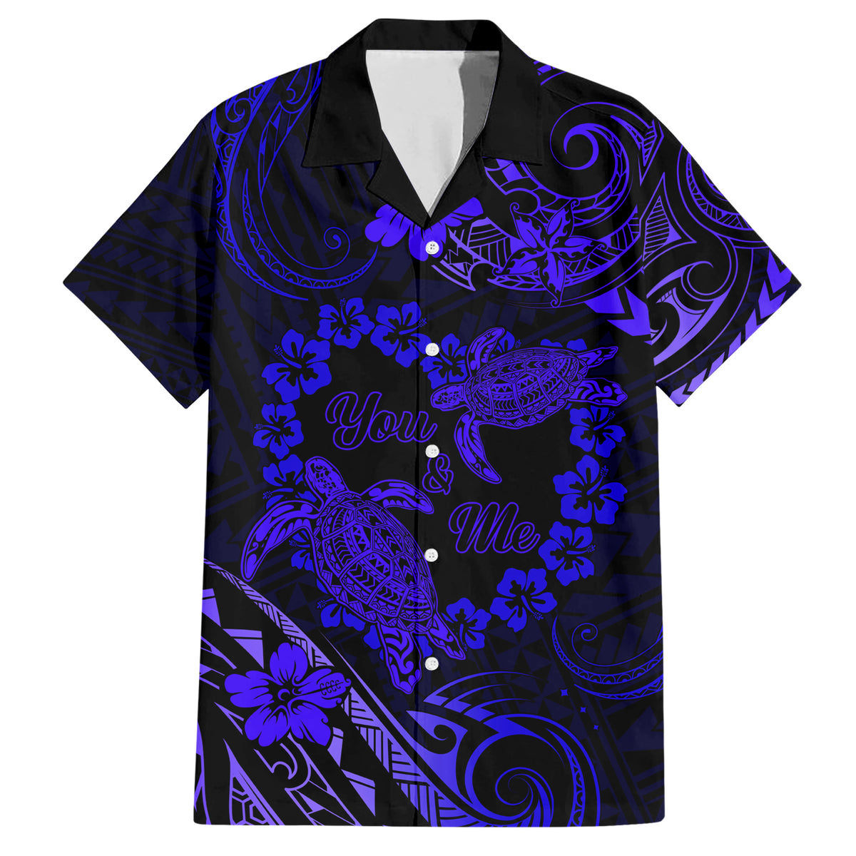 Polynesian Turtle Valentine Family Matching Short Sleeve Bodycon Dress and Hawaiian Shirt You And Me Navy Blue Hibiscus Heart LT01 Dad's Shirt - Short Sleeve Blue - Polynesian Pride