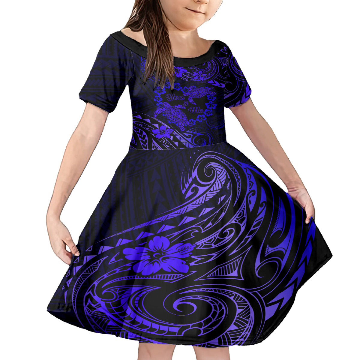 Polynesian Turtle Valentine Family Matching Tank Maxi Dress and Hawaiian Shirt You And Me Navy Blue Hibiscus Heart LT01 Daughter's Dress Blue - Polynesian Pride