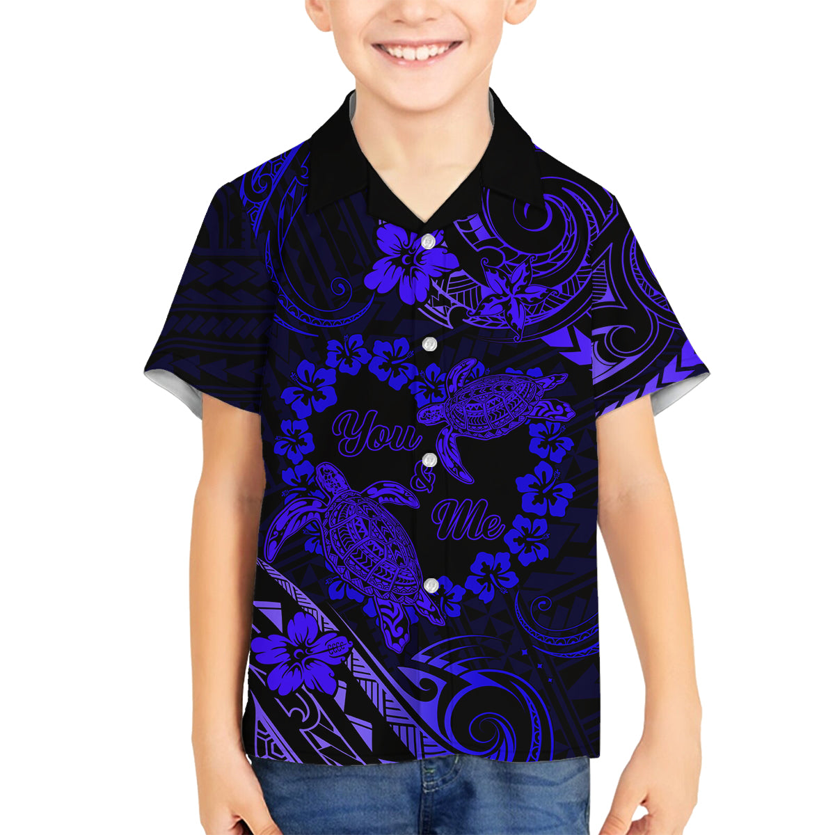 Polynesian Turtle Valentine Family Matching Tank Maxi Dress and Hawaiian Shirt You And Me Navy Blue Hibiscus Heart LT01 Son's Shirt Blue - Polynesian Pride