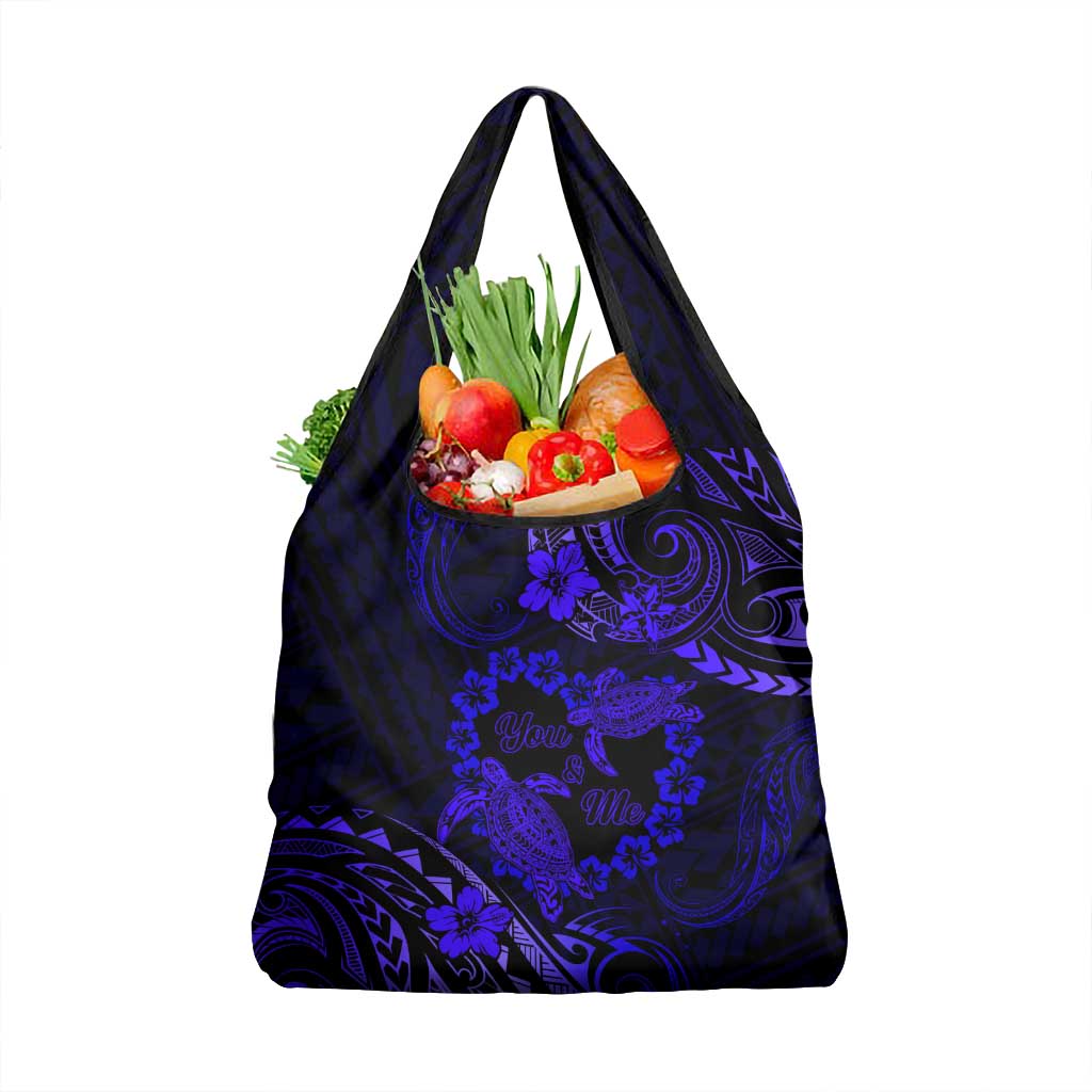 Polynesian Turtle Valentine Grocery Bag You And Me Navy Blue Hibiscus Heart