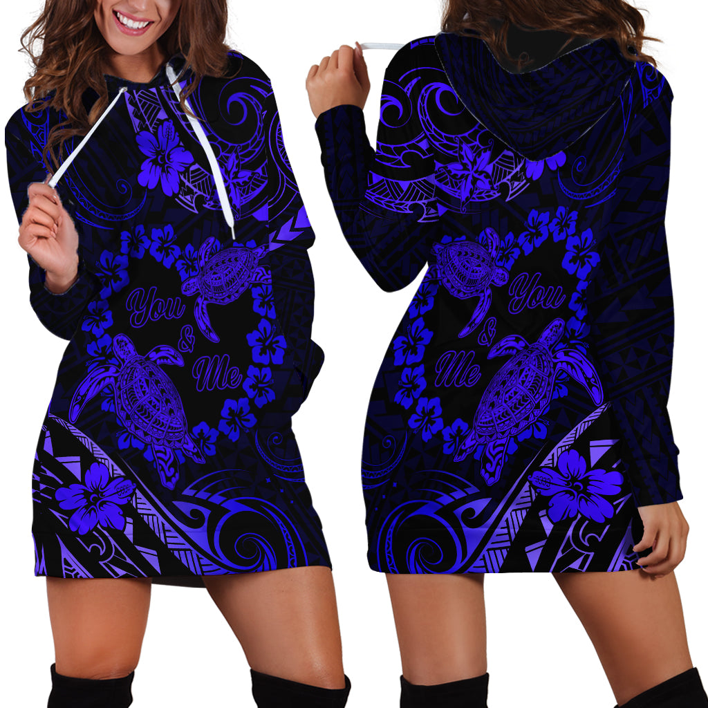 Polynesian Turtle Valentine Hoodie Dress You And Me Navy Blue Hibiscus Heart LT01 - Polynesian Pride