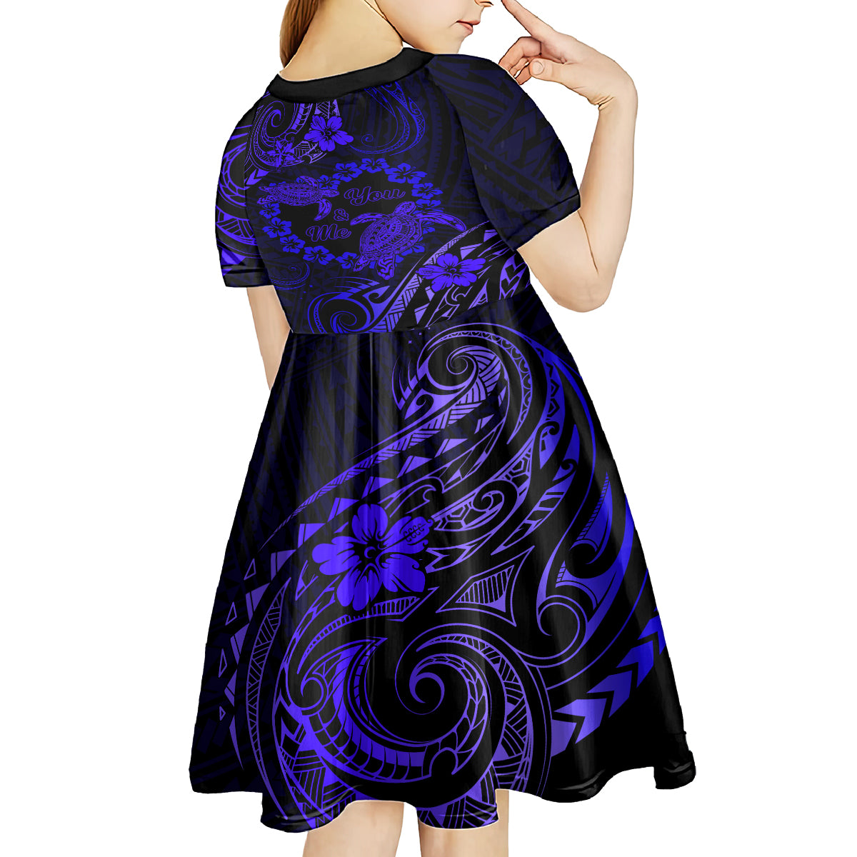 Polynesian Turtle Valentine Kid Short Sleeve Dress You And Me Navy Blue Hibiscus Heart LT01 - Polynesian Pride