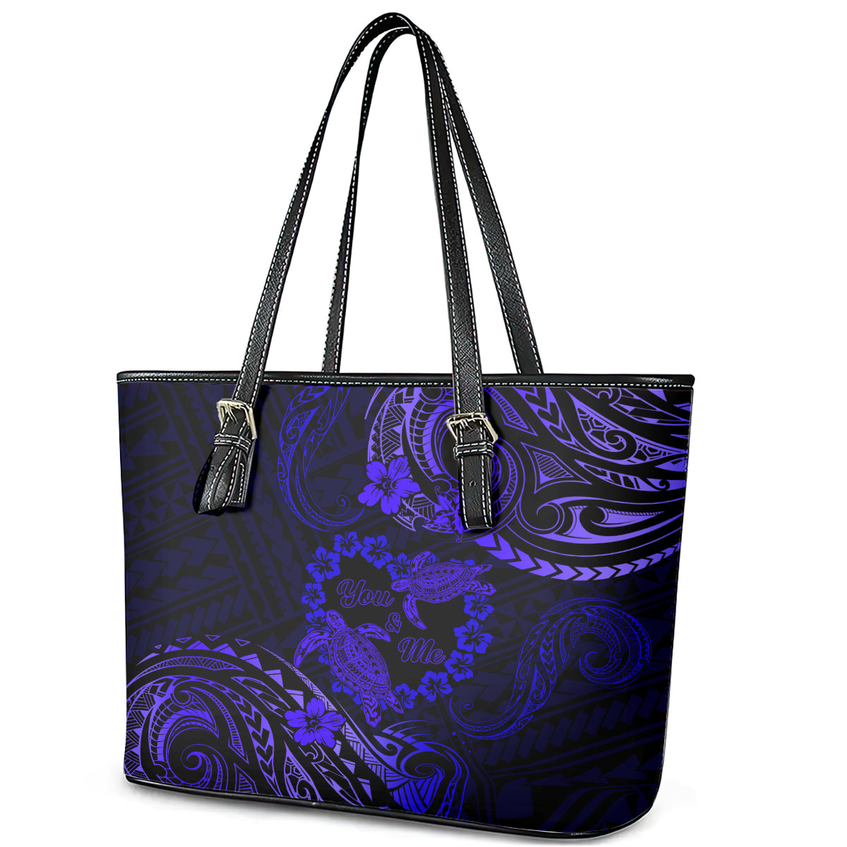 Polynesian Turtle Valentine Leather Tote Bag You And Me Navy Blue Hibiscus Heart LT01 - Polynesian Pride