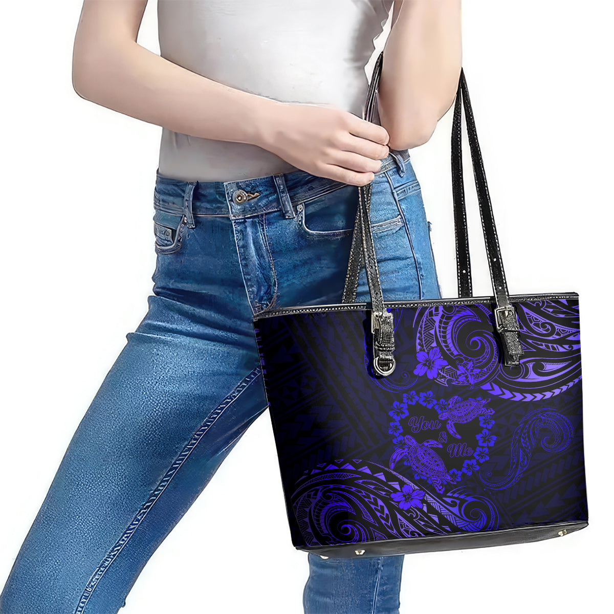 Polynesian Turtle Valentine Leather Tote Bag You And Me Navy Blue Hibiscus Heart LT01 - Polynesian Pride