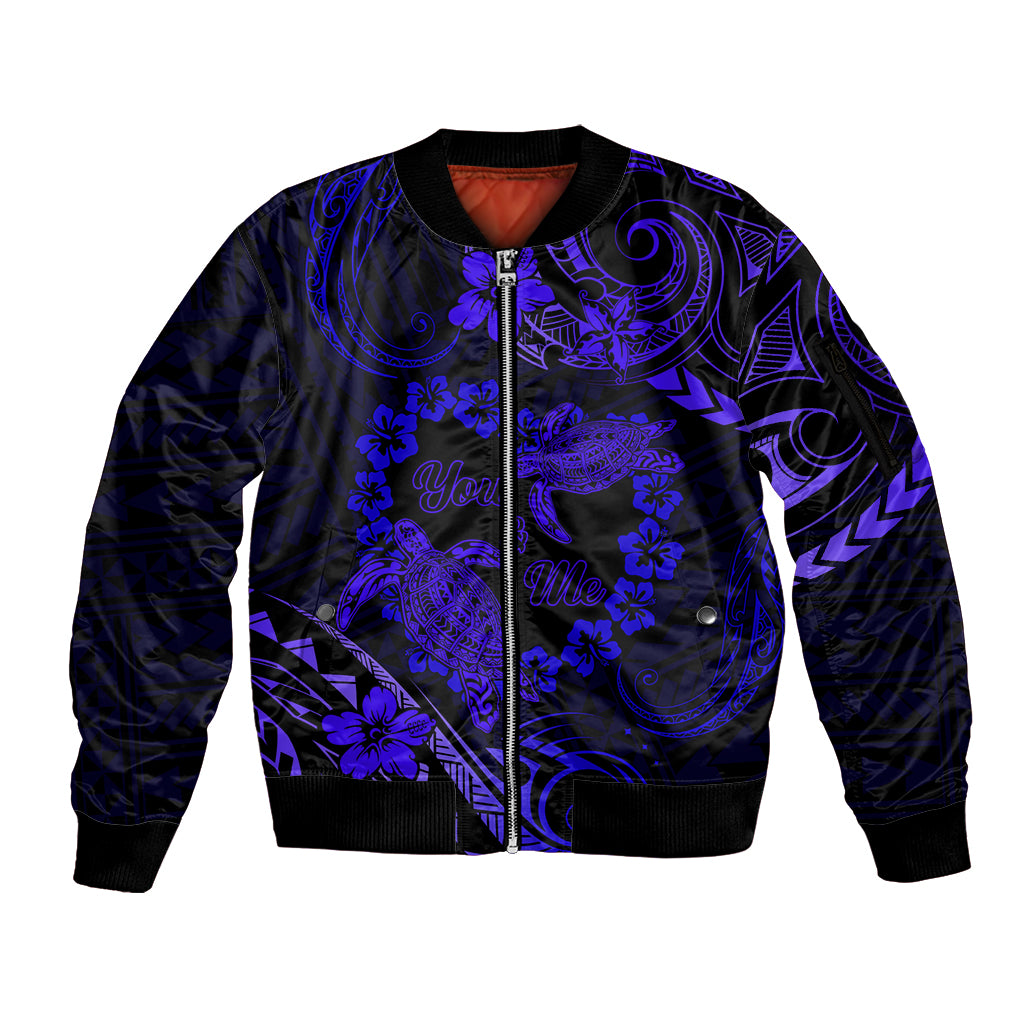 Polynesian Turtle Valentine Sleeve Zip Bomber Jacket You And Me Navy Blue Hibiscus Heart LT01 Unisex Blue - Polynesian Pride