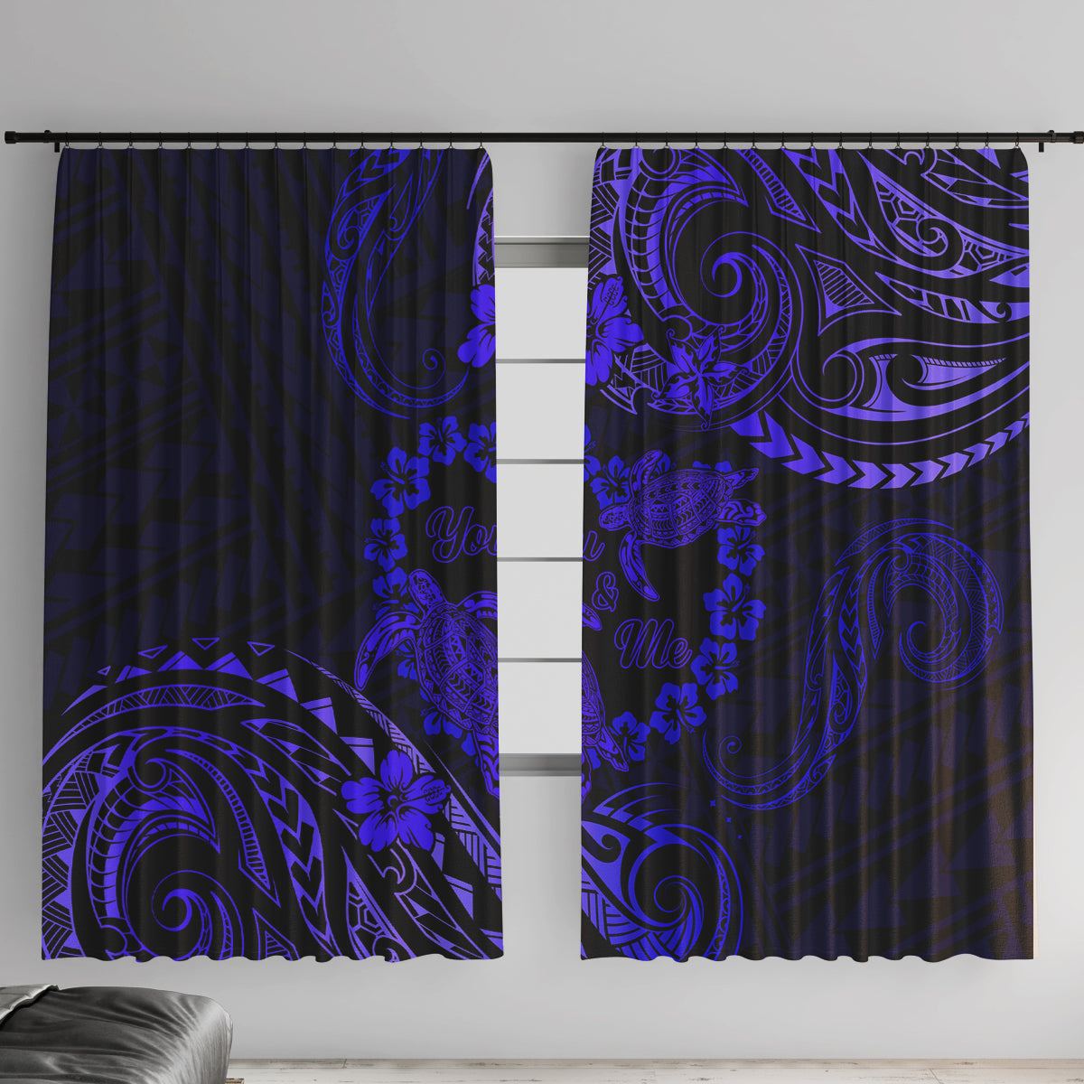 Polynesian Turtle Valentine Window Curtain You And Me Navy Blue Hibiscus Heart LT01 With Hooks Blue - Polynesian Pride