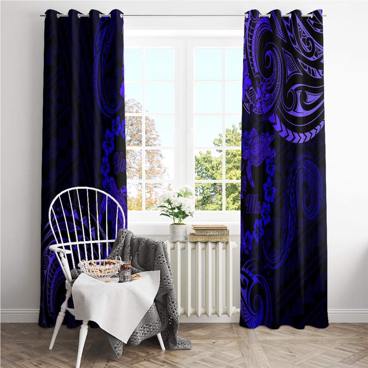 Polynesian Turtle Valentine Window Curtain You And Me Navy Blue Hibiscus Heart LT01 - Polynesian Pride
