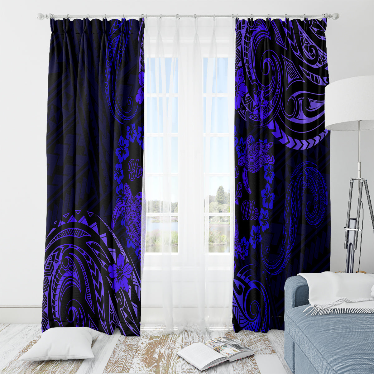 Polynesian Turtle Valentine Window Curtain You And Me Navy Blue Hibiscus Heart LT01 - Polynesian Pride