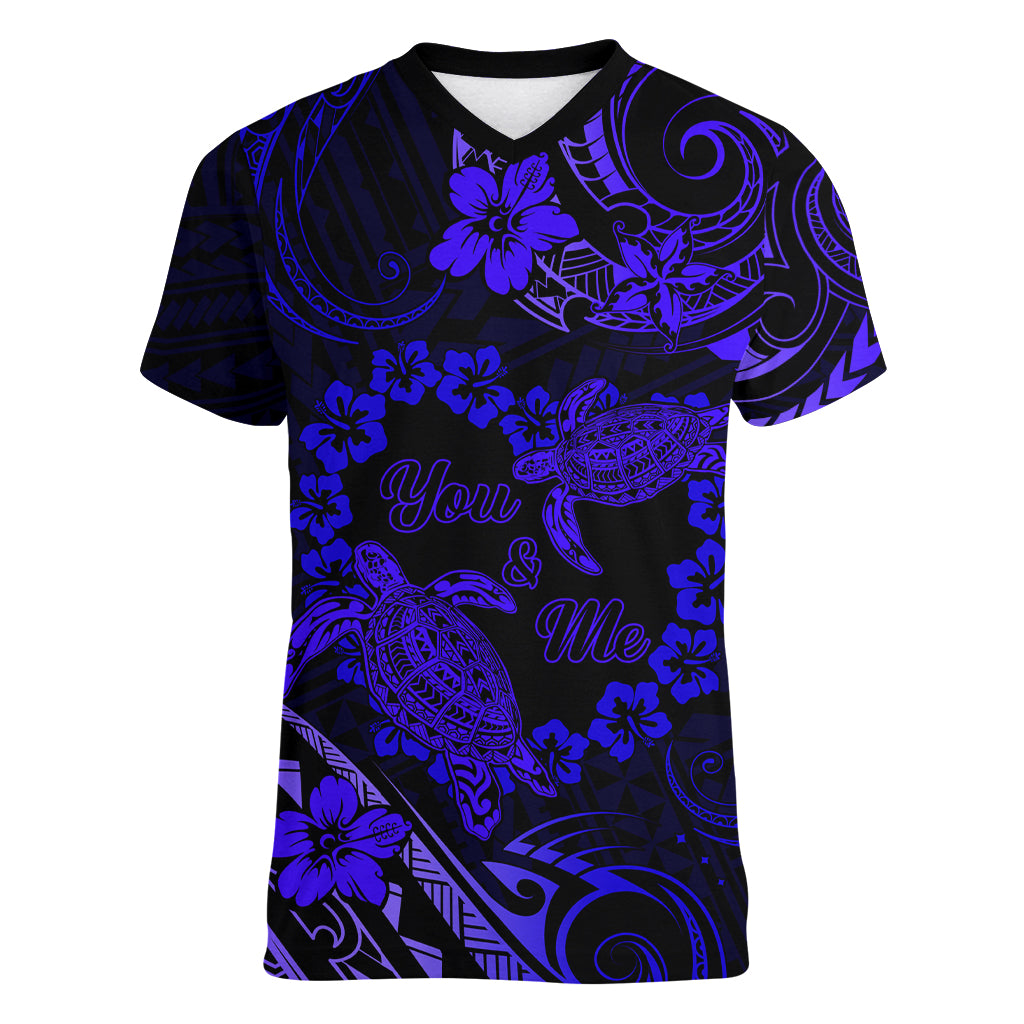 Polynesian Turtle Valentine Women V Neck T Shirt You And Me Navy Blue Hibiscus Heart LT01 Female Blue - Polynesian Pride