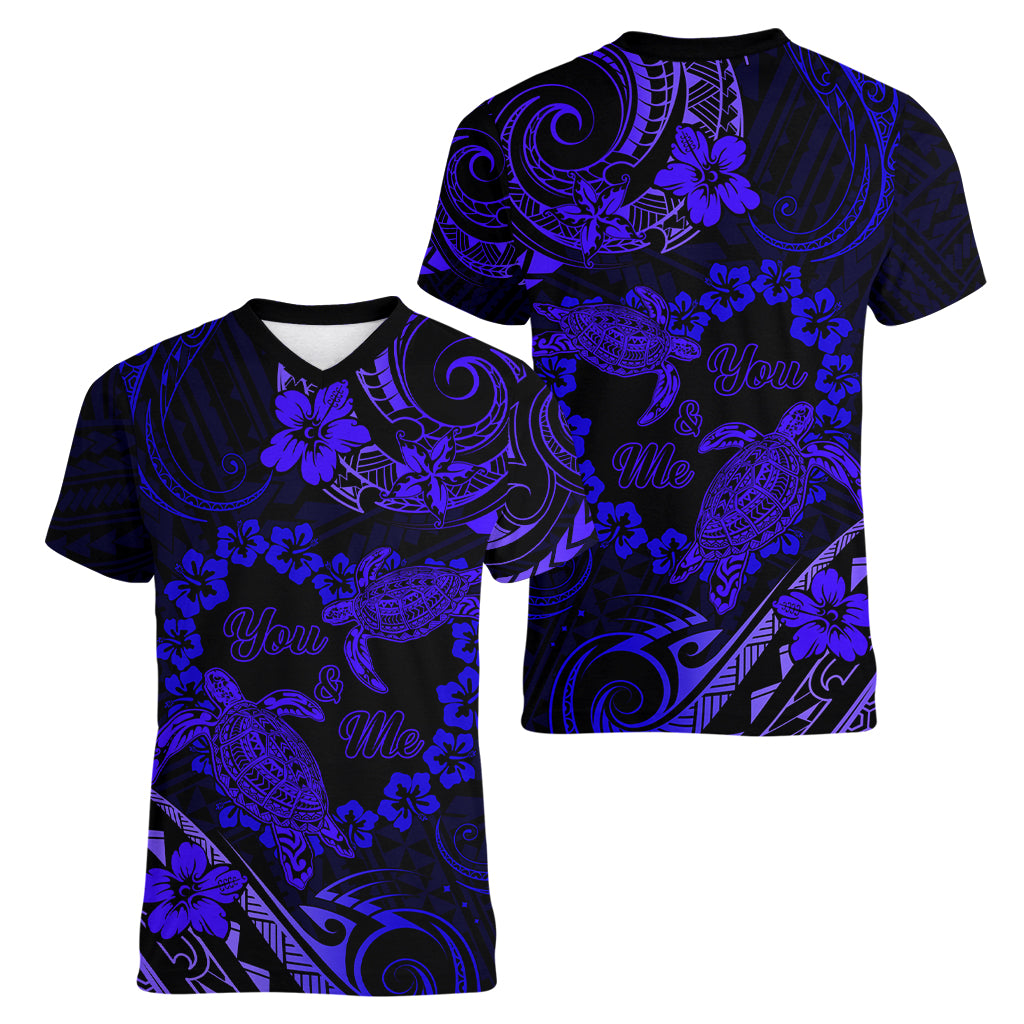 Polynesian Turtle Valentine Women V Neck T Shirt You And Me Navy Blue Hibiscus Heart LT01 - Polynesian Pride