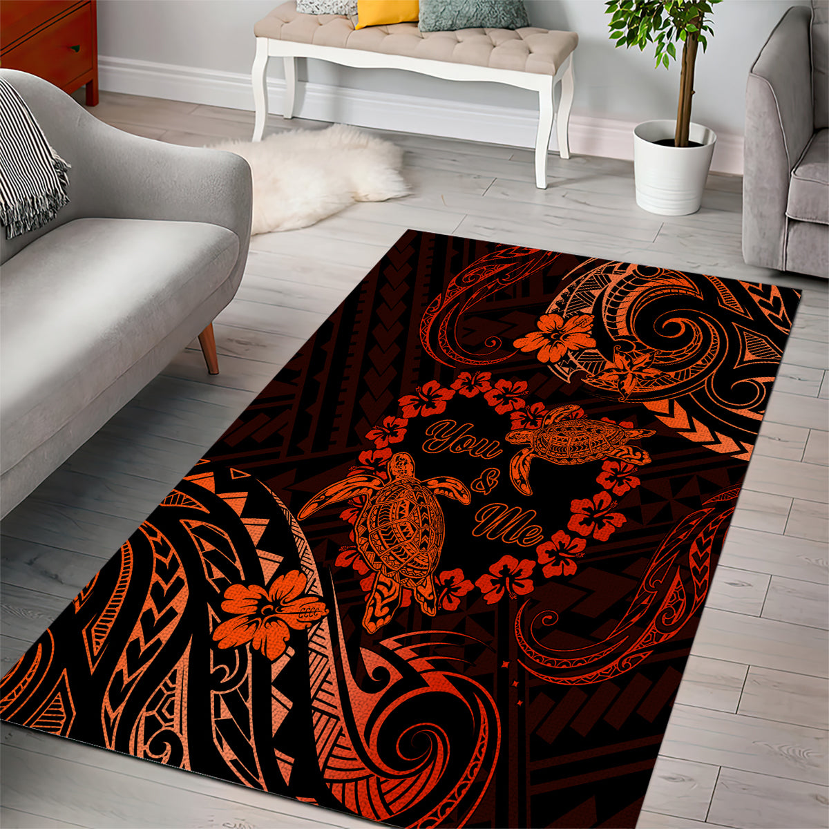 Polynesian Turtle Valentine Area Rug You And Me Orange Hibiscus Heart LT01 - Polynesian Pride
