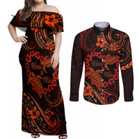 Polynesian Turtle Valentine Couples Matching Off Shoulder Maxi Dress and Long Sleeve Button Shirt You And Me Orange Hibiscus Heart LT01 Orange - Polynesian Pride