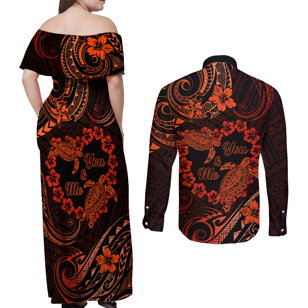 Polynesian Turtle Valentine Couples Matching Off Shoulder Maxi Dress and Long Sleeve Button Shirt You And Me Orange Hibiscus Heart LT01 - Polynesian Pride
