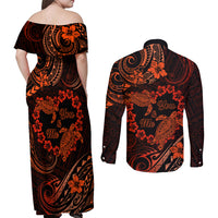Polynesian Turtle Valentine Couples Matching Off Shoulder Maxi Dress and Long Sleeve Button Shirt You And Me Orange Hibiscus Heart LT01 - Polynesian Pride