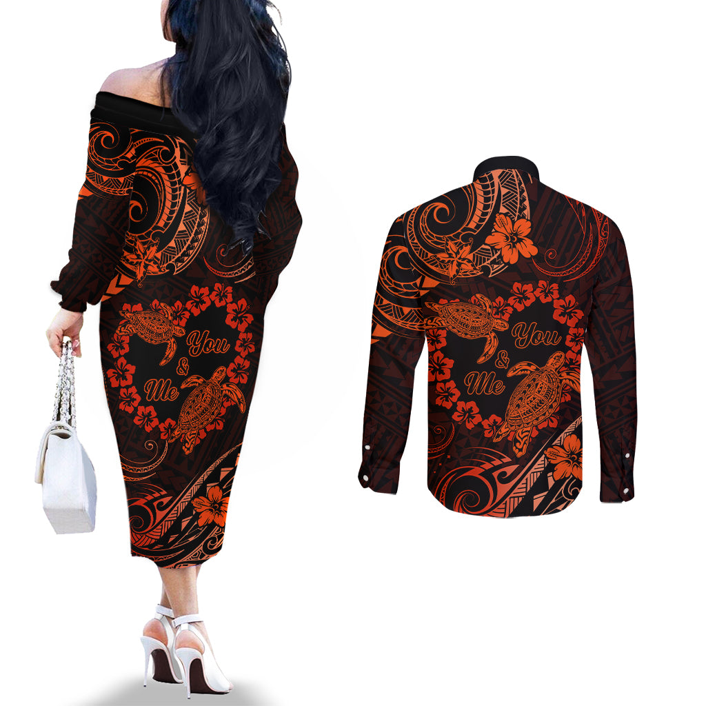 Polynesian Turtle Valentine Couples Matching Off The Shoulder Long Sleeve Dress and Long Sleeve Button Shirt You And Me Orange Hibiscus Heart LT01 - Polynesian Pride