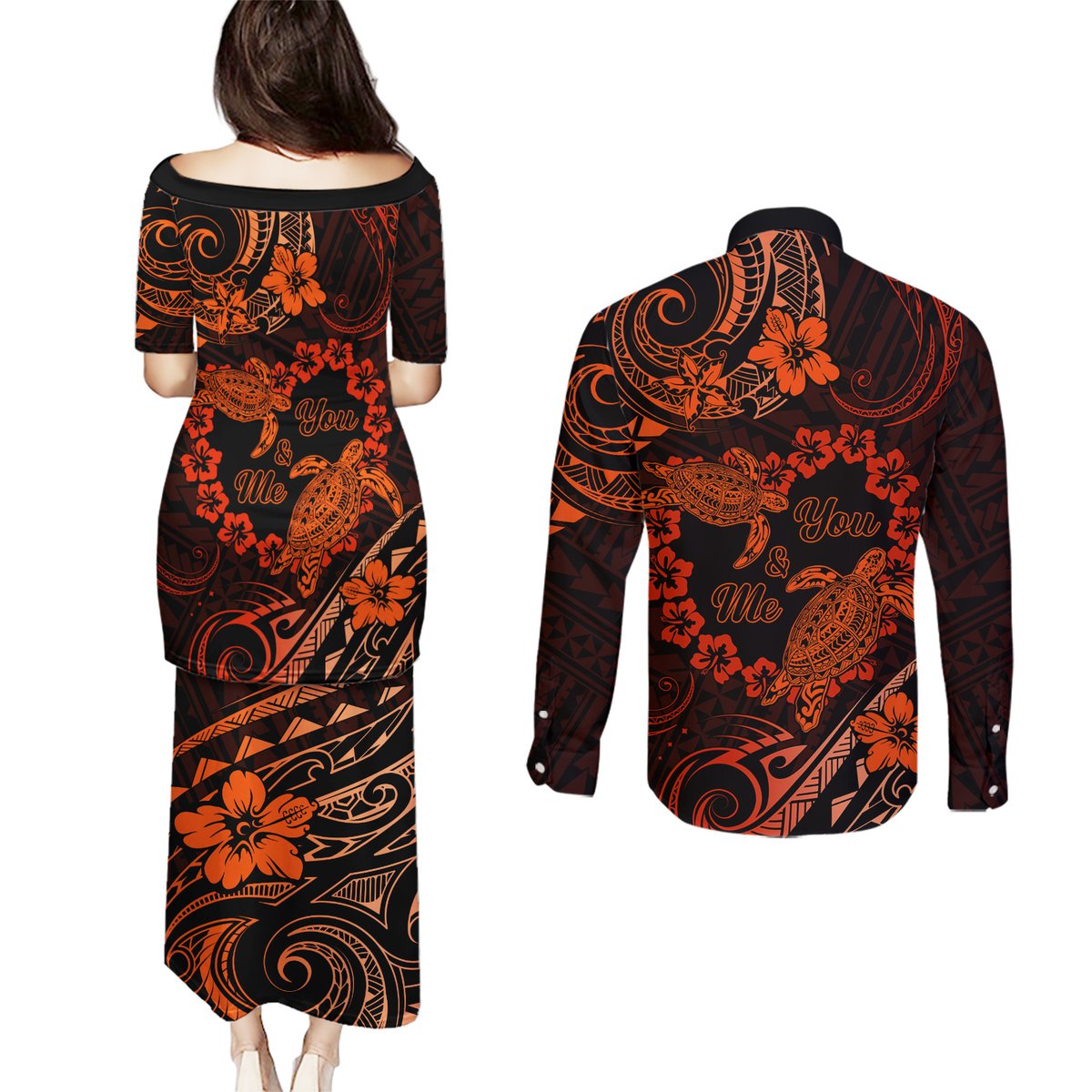 Polynesian Turtle Valentine Couples Matching Puletasi and Long Sleeve Button Shirt You And Me Orange Hibiscus Heart LT01 - Polynesian Pride