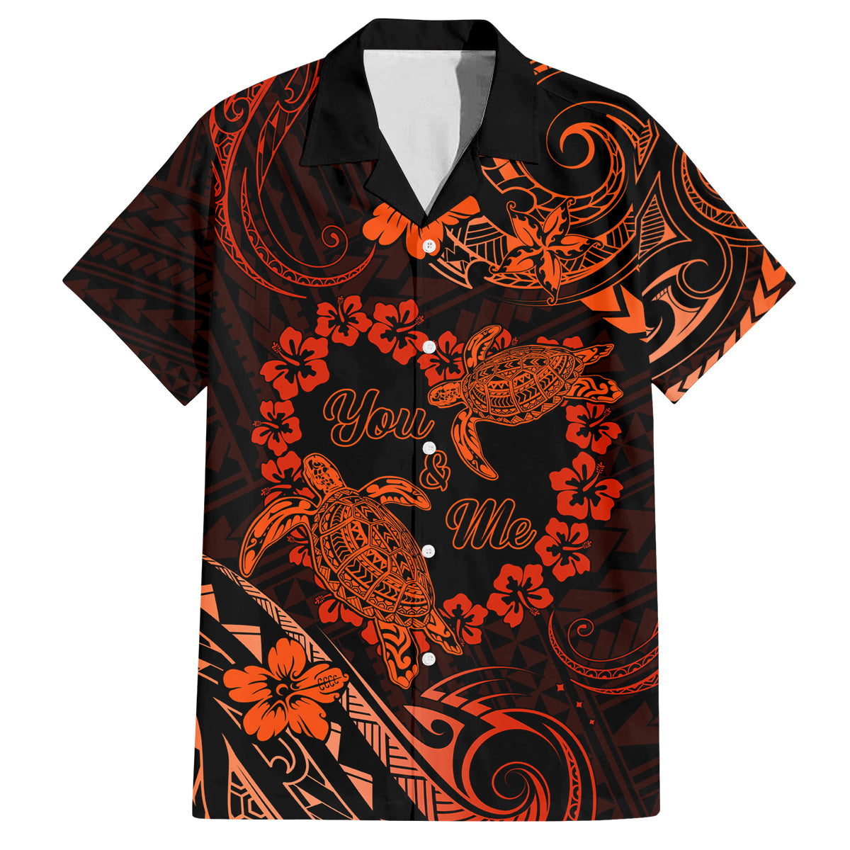 Polynesian Turtle Valentine Family Matching Puletasi and Hawaiian Shirt You And Me Orange Hibiscus Heart LT01 Dad's Shirt - Short Sleeve Orange - Polynesian Pride