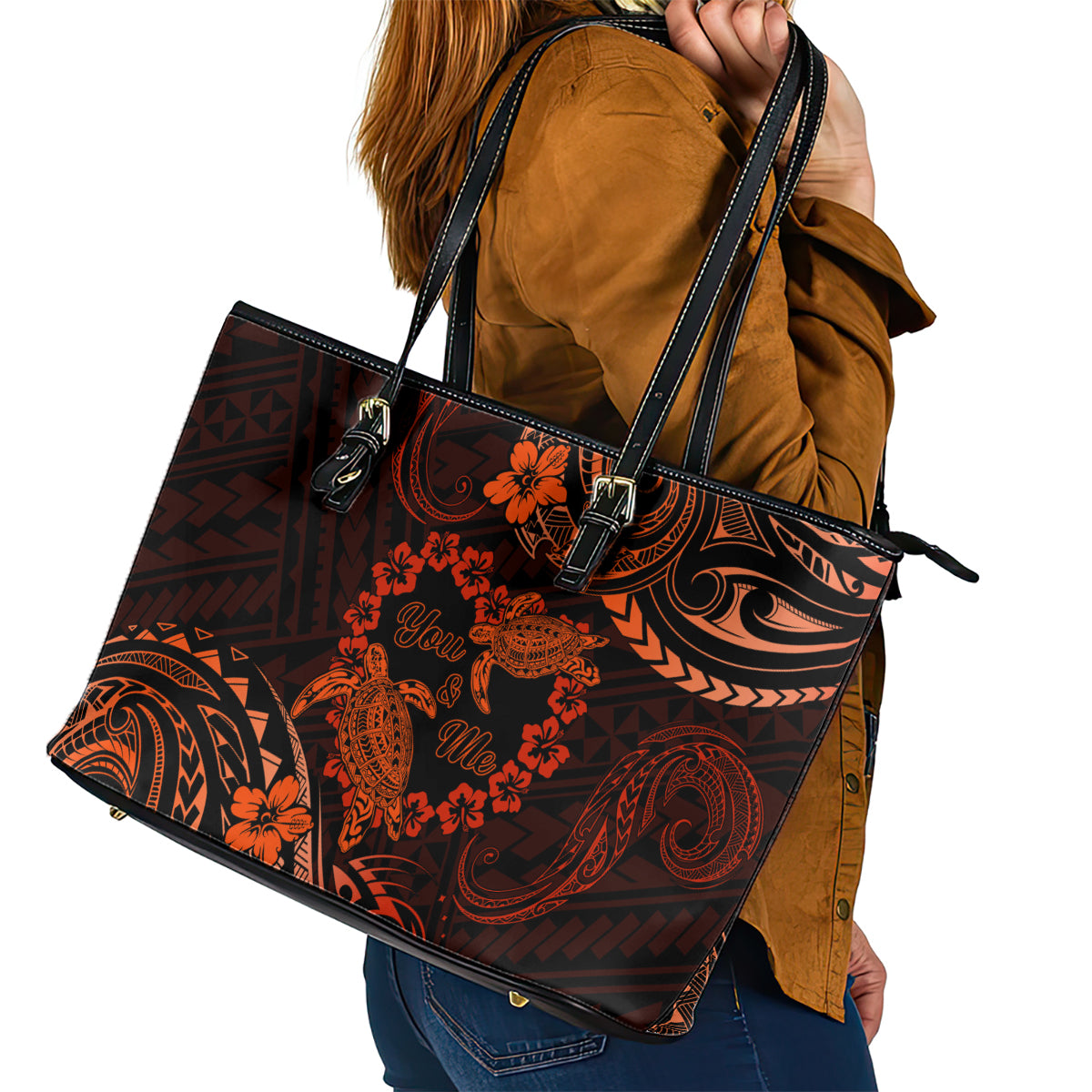 Polynesian Turtle Valentine Leather Tote Bag You And Me Orange Hibiscus Heart LT01 - Polynesian Pride