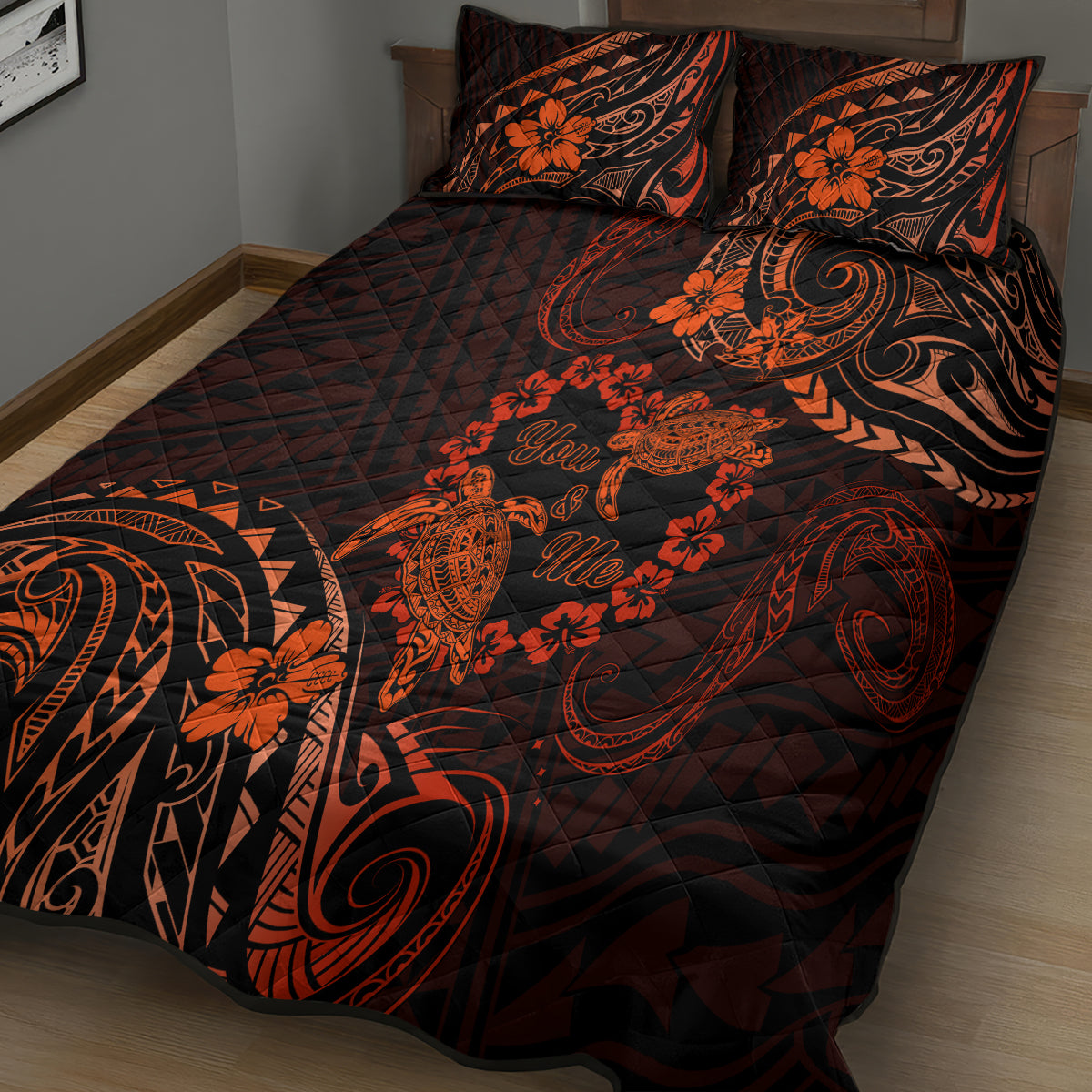 Polynesian Turtle Valentine Quilt Bed Set You And Me Orange Hibiscus Heart LT01 - Polynesian Pride